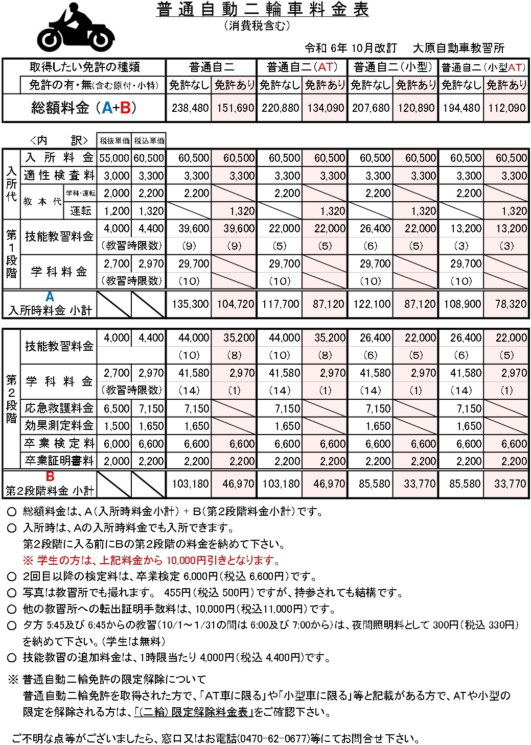 普通自動二輪料金表