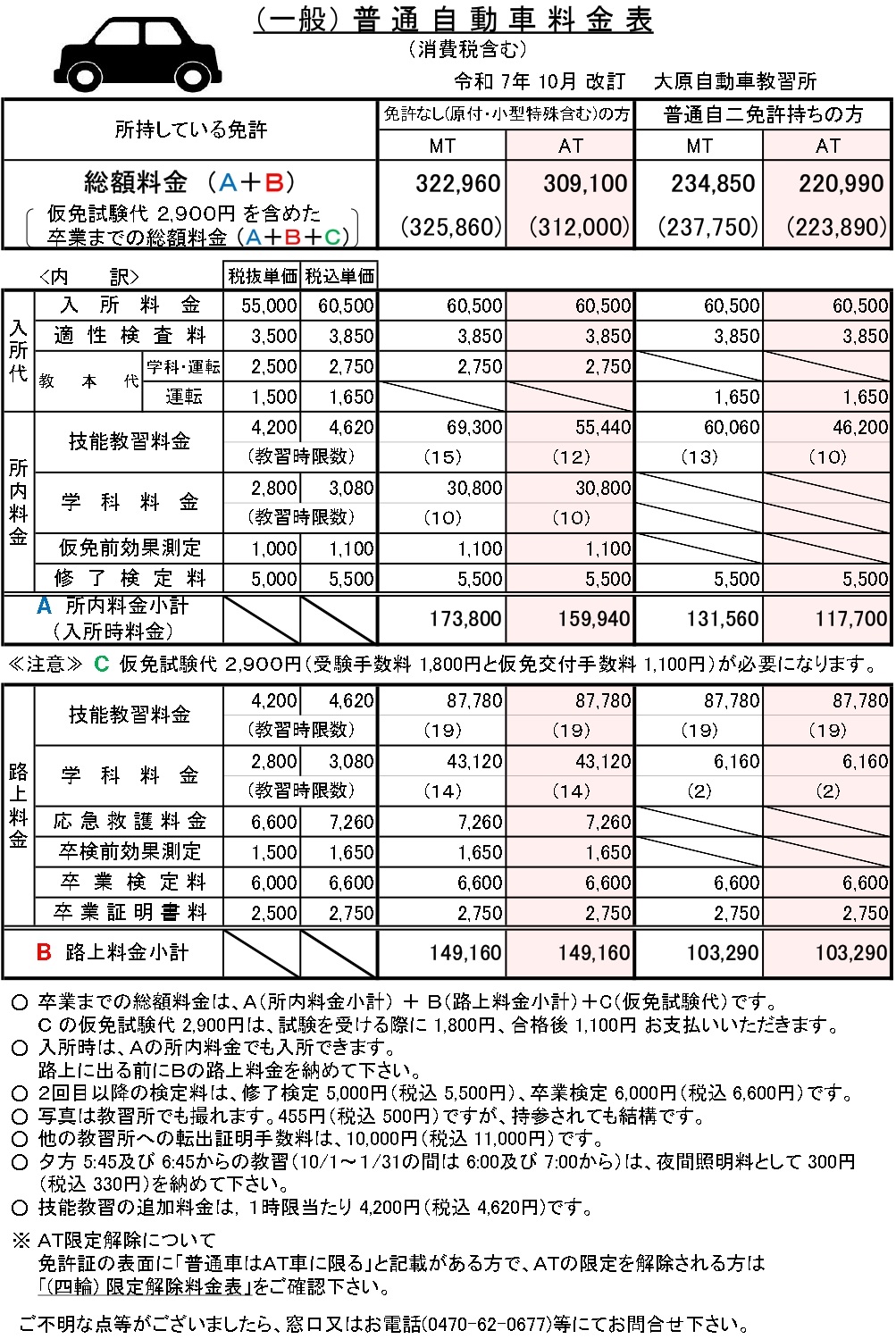 （一般）普通自動車料金表